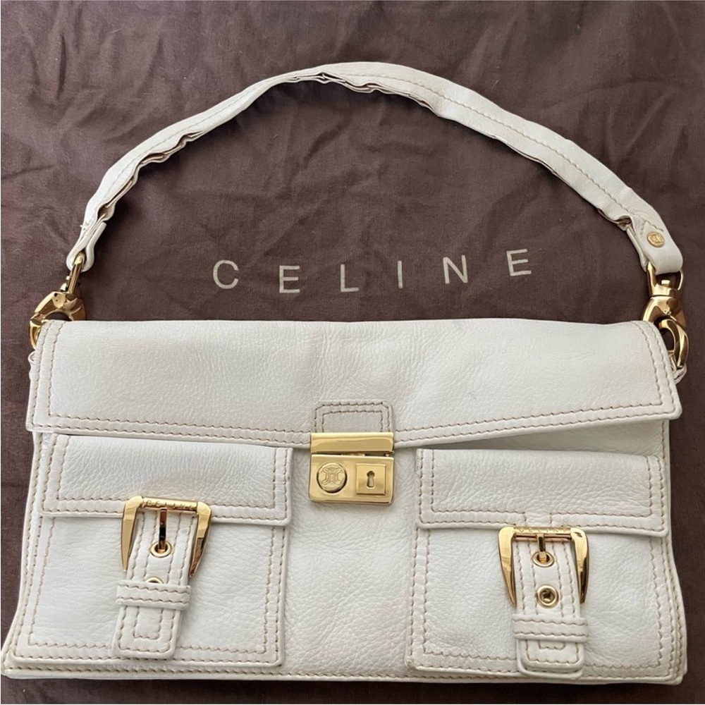 Celine White Shoulder Bag with Gold Accents